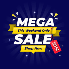 Naklejka na ściany i meble Mega sale banner template design for web or social media with blue background, this weekend only.