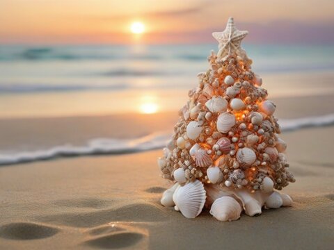 Small seashell christmas tree on the beach with sunset background and copy space