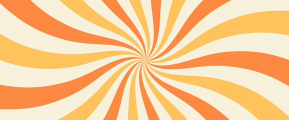 Swirling radial ice cream background. Orange groovy vortex spiral twirl. Twirl sunburst psychedelic pattern. Orange lollipop texture. Swirl candy background. Vector illustration.