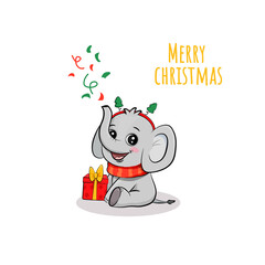 Cute cartoon elephant cub with gift, isolated on white background. Christmas card with elephant. 