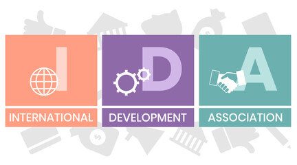 IDA, INTERNATIONAL DEVELOPMENT ASSOCIATION acronym. Concept with keyword and icons. Flat vector illustration. Isolated on white.