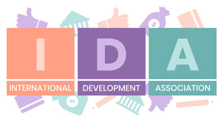IDA, INTERNATIONAL DEVELOPMENT ASSOCIATION acronym. Concept with keyword and icons. Flat vector illustration. Isolated on white.