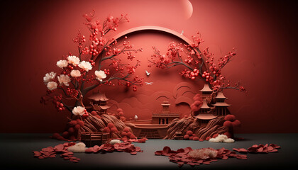Chinese New Year round stage podium paper art