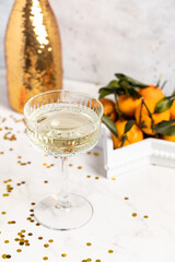 Champagne in glasses close-up, sparkles, glitter, Christmas, New Year, holiday