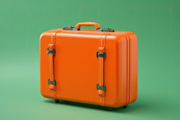 orange retro luggage on a green background. travel orange suitcase