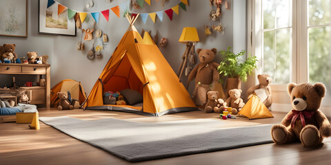Children's bedroom in the morning with toys, teddy bear and a tent. - obrazy, fototapety, plakaty
