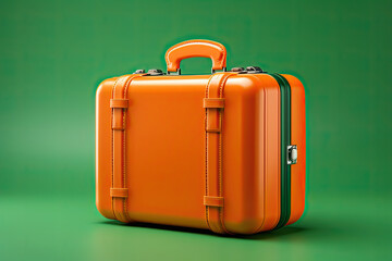 orange retro luggage on a green background. travel orange suitcase