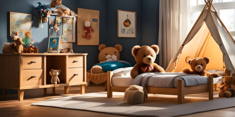 Children's bedroom in the morning with toys, teddy bear and a tent.