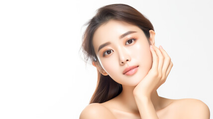Young Asian beauty woman touching her face, with Korean makeup style on face and perfect clean skin on isolated white background. Facial treatment, Cosmetology, Spa.