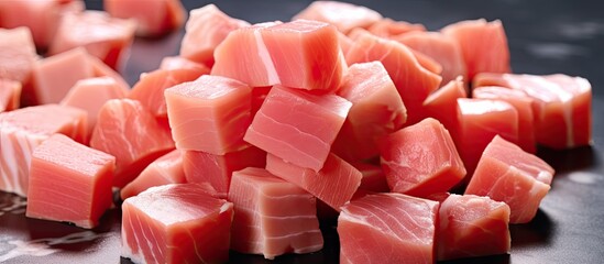 In the background of the closeup shot, the natural pink color of the small diced pork ham adds a textured and appetizing touch to the food, complementing the natural beauty of nature. - obrazy, fototapety, plakaty