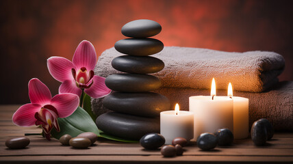 Zen spa concept with massage stones, lit candles, and elegant orchids on a tranquil water surface, creating an atmosphere of peace and relaxation.