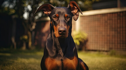 close up of black and brown doberman pinscher dog in the yard