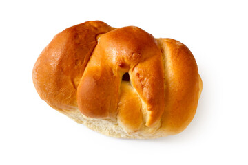 Sweet bun with filling on white background. Close-up of a bakery product.