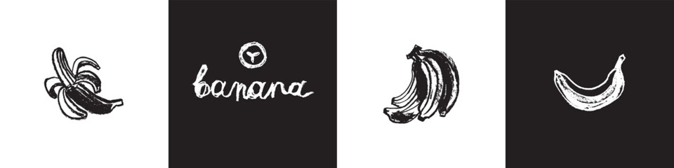 Bananas icon set for logo creating, organic food label, and banner design. Monochrome banana vector drawings. Tropical fruit signs.