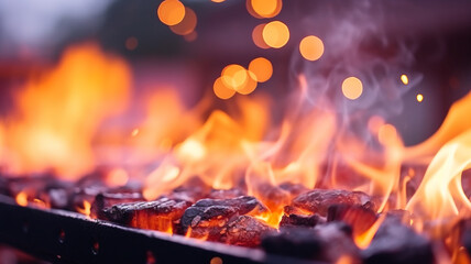 Vivid flames dance over charcoals, creating a mesmerizing display of fiery colors against a dark backdrop, perfect for a vibrant barbecue background.