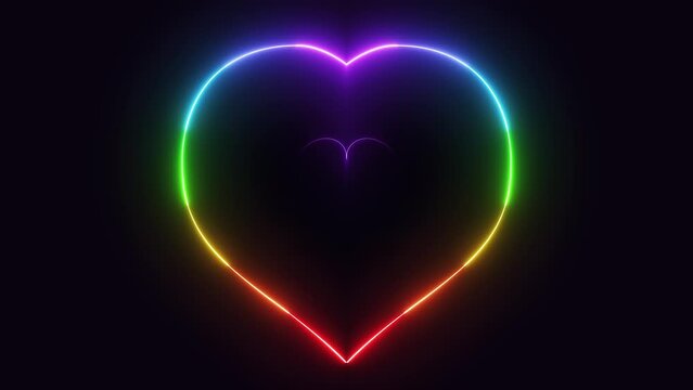 Rainbow colour neon light heart animation. Valentine's day background. 4K video