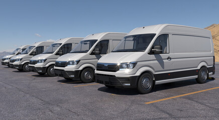 row of generic cargo vans in the parking lot - obrazy, fototapety, plakaty