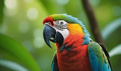 closeup of a parrot in jungle on a blurry green tree background, generative AI