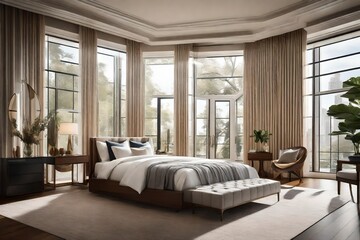 modern living room,Luxurious new bedroom with large over sized windows 