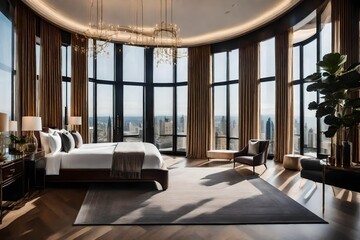 modern living room,Luxurious new bedroom with large over sized windows  - obrazy, fototapety, plakaty