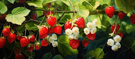 In the beautiful summer garden, a red strawberry plant thrived amidst the vibrant green foliage, its luscious fruits gleaming in the sunlight, invitingly red and healthy nearby, a white cherry tree