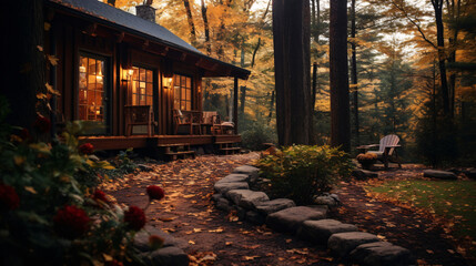 A tranquil cabin surrounded by fall foliage in the woods. Generative ai