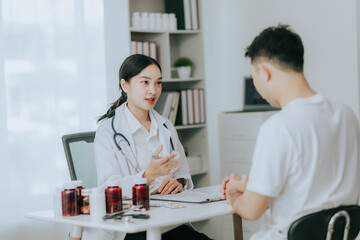 Fototapeta premium An Asian female doctor gives a pep talk to a male patient inside the hospital.