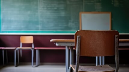 Old classroom with blackboard, desk and chair.