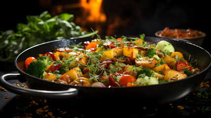 Frying pan with various healthy vegetables on dark background.Macro.AI Generative