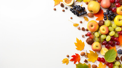 Naklejka na ściany i meble happy thanksgiving With colorful fruits and vegetables, walnuts and fallen leaves, autumn, autumn, on a light colored wooden table, white background,with space for your text