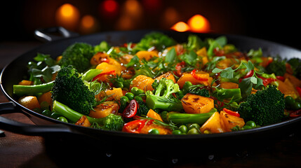 Frying pan with various healthy vegetables on dark background.Macro.AI Generative - Powered by Adobe
