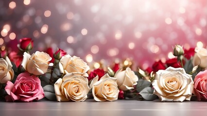 Abstract gradient silver background with roses and bokeh lights and golden strip, valentine day...