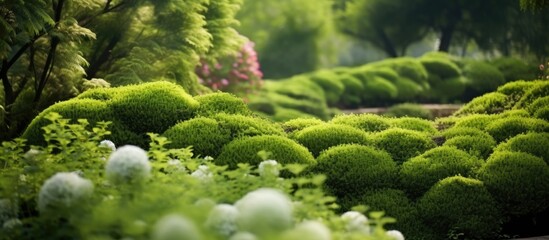 In the background of the beautiful summer landscape, an abstract pattern of green textures and...