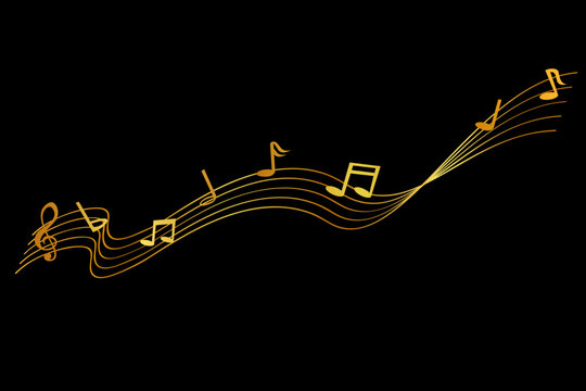 vector golden musical note and waving line, partitur at black background
