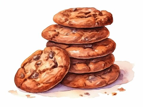 Watercolor drawing of a chocolate chip cookies stack on isolated white background