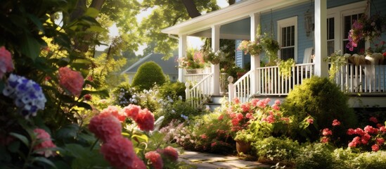 In the background of the house, a vibrant garden blooms with an array of flowers, each displaying its unique texture and design, radiating the essence of summer and the beauty of nature. The lush