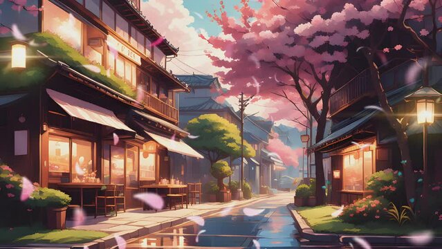 restaurant food in the town with cherry blossom trees. Cartoon or Japanese anime painting style. seamless looping 4K virtual video animation background.