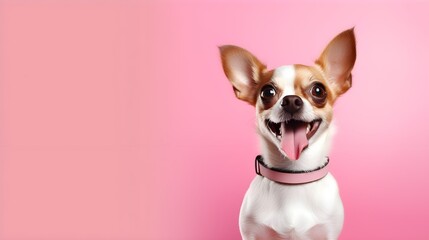 portrait studio shot cute animal pet funny smiling dog standing on color wall background. Generative AI