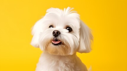 portrait studio shot cute animal pet funny smiling dog standing on color wall background. Generative AI