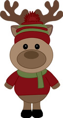 Santa's reindeer with striped wool hat with green sweater and red scarf, Christmas vector graphics, Christmas party decoration, red gradient background, drawing	