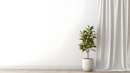 Plant against a white wall mockup. White wall mockup with brown curtain, plant and wood floor. 3d rendering. Generative AI