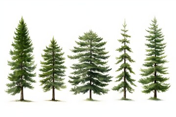 Obraz premium Set of photos of pine trees, colorful, big trees, white background, illustrations