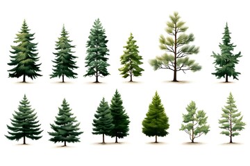 Obraz premium Set of photos of pine trees, colorful, big trees, white background, illustrations