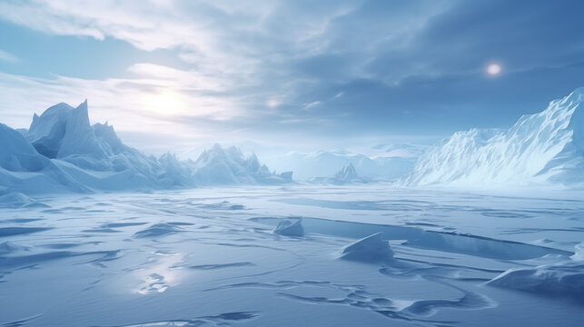 Arctic winter landscape with large glaciers frozen sea and blizzards Artificial Intelligence Rendering