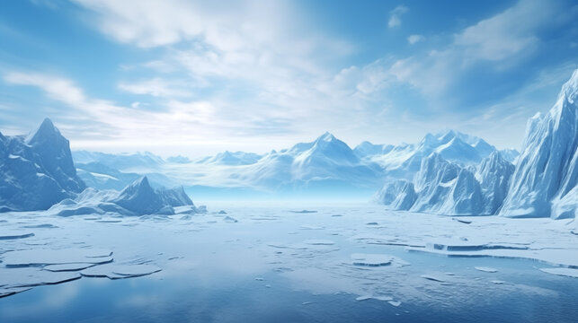 Arctic winter landscape with large glaciers frozen sea and blizzards Artificial Intelligence Rendering