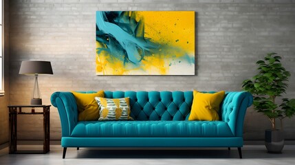 Loft home interior design of modern living room. Dark turquoise tufted sofa with virant yellow pillows against beige stucco wall with abstract art poster. Generative AI