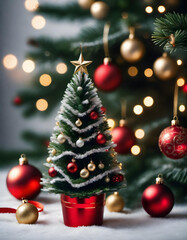 Obraz na płótnie Canvas a tiny christmas tree with christmas tree balls in front of a big one. generative ai
