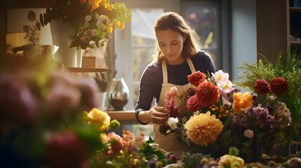 female florist small business owner taking care of various flowers and bouquets in her shop. Generative AI