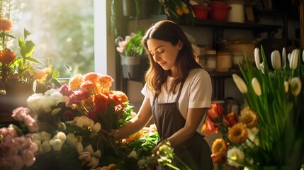 female florist small business owner taking care of various flowers and bouquets in her shop. Generative AI