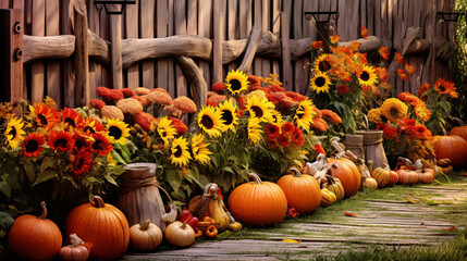 A rustic autumn-style wooden fence decorated with sunflowers and pumpkins. Generative ai